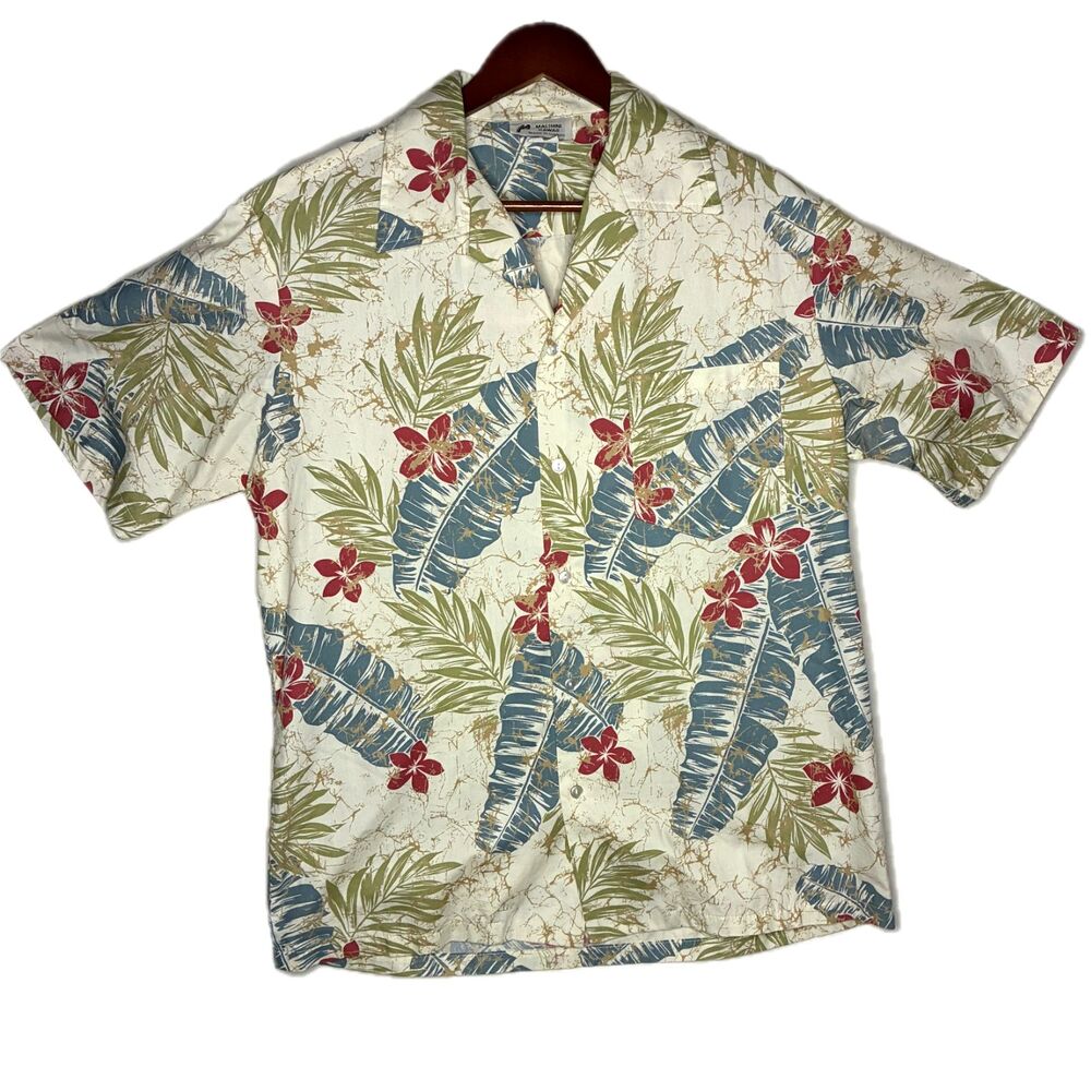 Malihini Hawaii Mens Aloha Shirt Size L Floral Leaf 100% Cotton Made in Hawaii